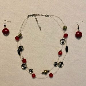 Red and Black Beaded Necklace and Earring Set